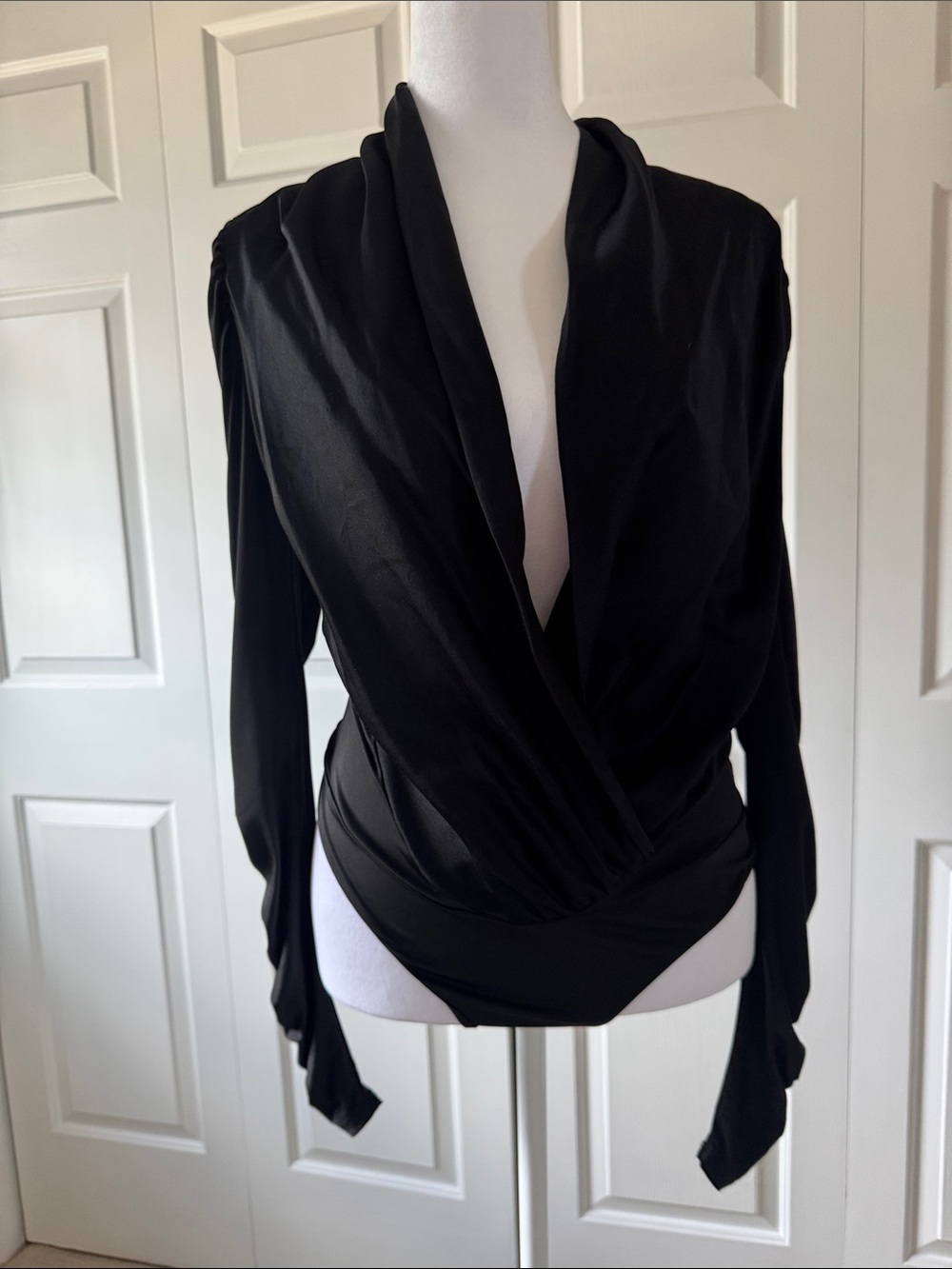 bebe Black Draped Surplice Long-Sleeve Bodysuit